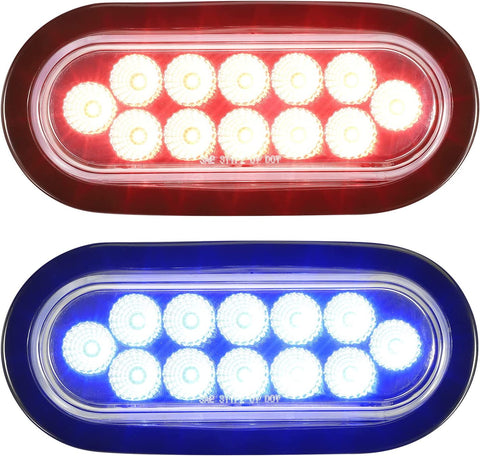 Image of Partsam 2Pcs 6.7 Inch Oval Red Stop Turn Tail Lights and Blue Auxiliary Lights Kit 12 Diodes w/Rubber Grommets & 3-Prong Wire Pigtails Red/Blue Oval Led Truck Trailer Tail Lights and Auxiliary Lights