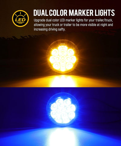Image of Partsam 10Pcs Dual Revolution 2.5 inch Round 13 LED Marker Light, Amber Side Marker Clearance Lights to Blue Auxiliary Lights for Trailer Truck, Clear Lens,12V, Waterproof