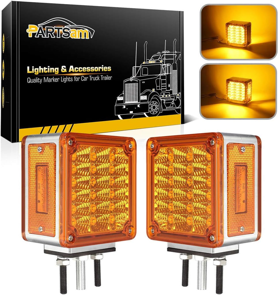 Partsam LED Pedestal Lights Amber/Amber Double Face 39 LED Turn Signal Lights Stud Mount Fender Lights Side Marker Lights for Heavy Truck Trailer Freightliner Peterbilt Kenworth Mack Western Star