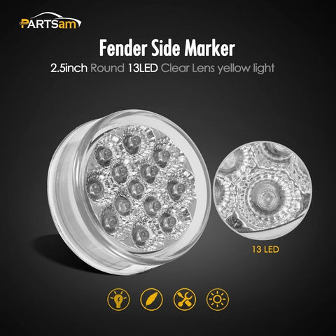 Image of Partsam 2 Pcs Sealed Mini-Flex 2.5" Round LED Side Marker Clearance or ID Light 13 Diodes, Faceted Amber Clear Lens Trailer Truck Sidelights Round Led Lights