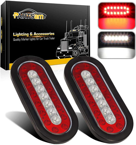 Image of Partsam 2Pcs 6.3" inch Oval Truck Trailer Led Tail Stop Brake Lights Taillights Running Red and White Backup Reverse Lights, Sealed 6.3 inch Oval led Trailer Tail Lights w reflectors Flush Mount