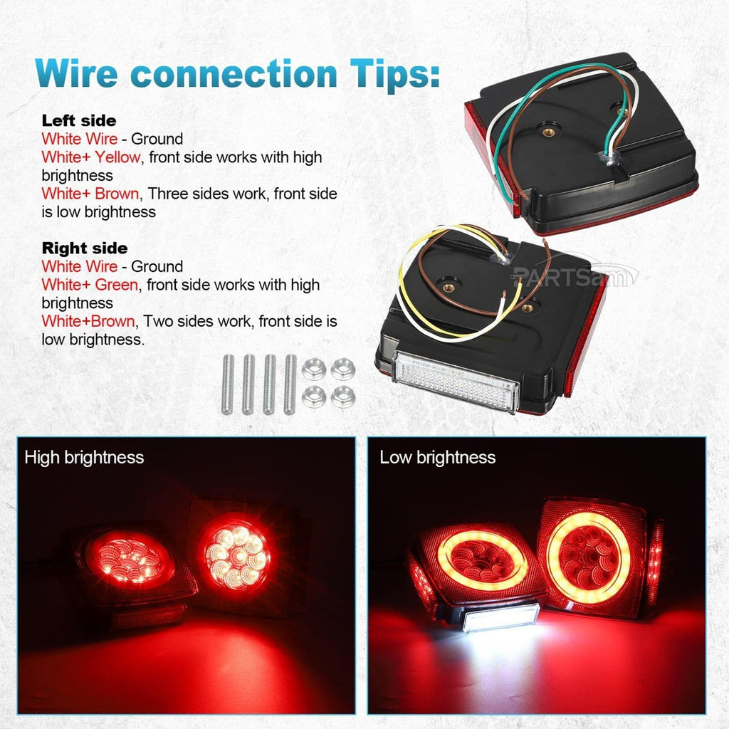 Partsam Pair Slim Square LED Trailer Light Kit Halo Glow Submersible Tail Lights 72LEDs 2835 SMD Stop Turn Signal Lamps for Under 80" Boat Trailer RV Camper Marine Snowmobile 12V IP67 DOT Compliant