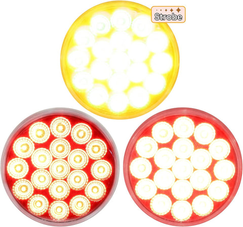 Image of Partsam 2Pcs 4 Inch Round Red Stop Turn Tail Lights to Amber Strobe Lights Kit 19 Diodes w/Rubber Grommets & 3-Prong Wire Pigtails, Red/Amber Round Led Truck Trailer Tail Lights and Indicator Lights