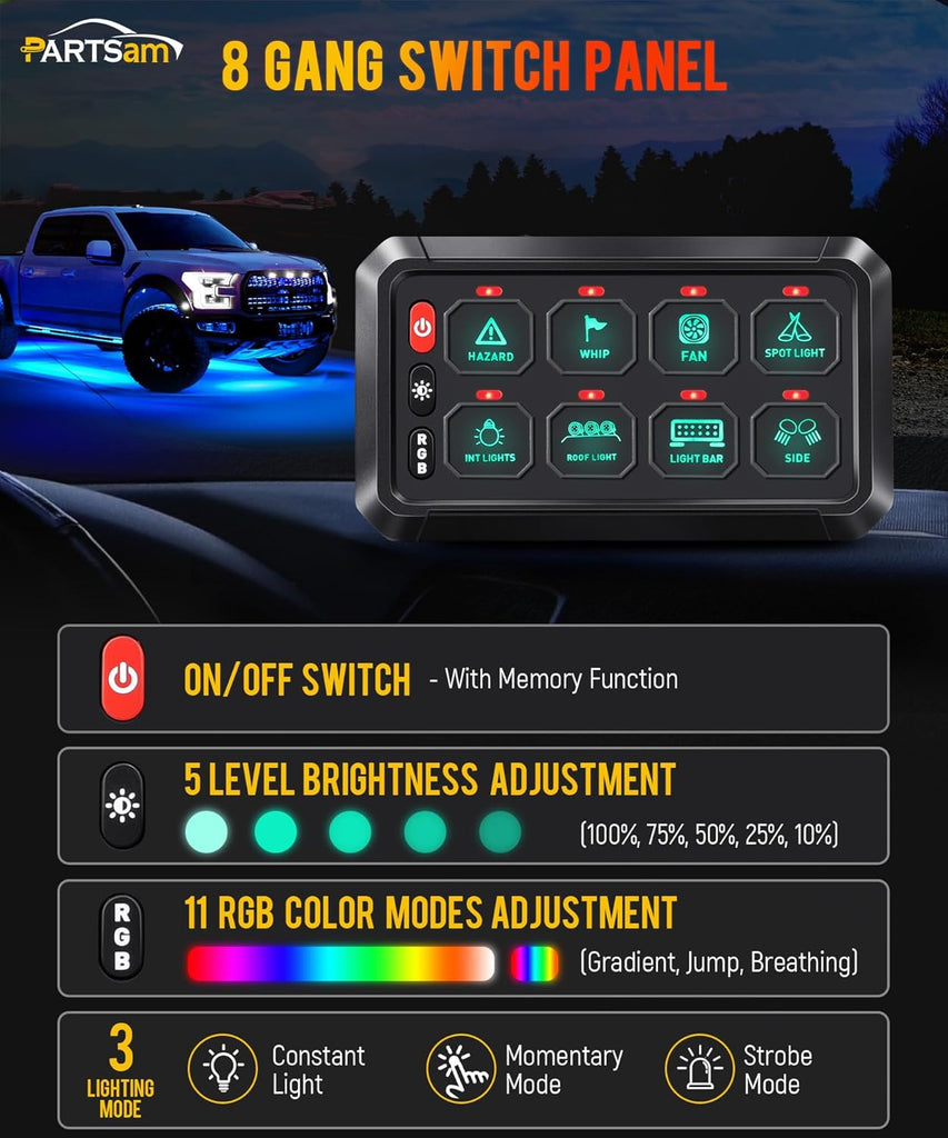 Partsam 5.5 Inch RGB 8 Gang Switch Panel, 3 Silicone Button 5 Brightness Levels Multifunction Toggle Switch Button Auxiliary Circuit Control Box Electronic Relay for Truck RV ATV UTV Boat