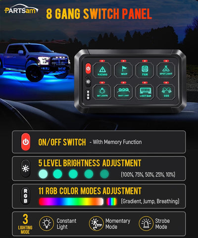 Image of Partsam 5.5 Inch RGB 8 Gang Switch Panel, 3 Silicone Button 5 Brightness Levels Multifunction Toggle Switch Button Auxiliary Circuit Control Box Electronic Relay for Truck RV ATV UTV Boat