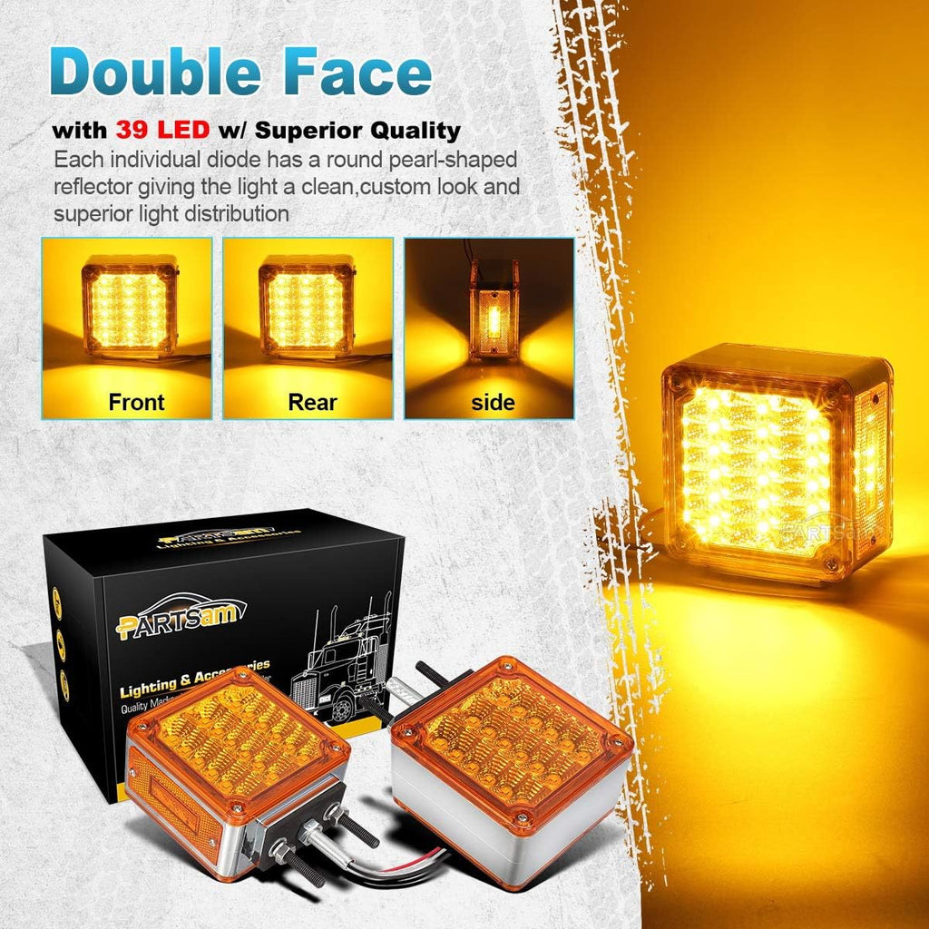 Partsam LED Pedestal Lights Amber/Amber Double Face 39 LED Turn Signal Lights Stud Mount Fender Lights Side Marker Lights for Heavy Truck Trailer Freightliner Peterbilt Kenworth Mack Western Star