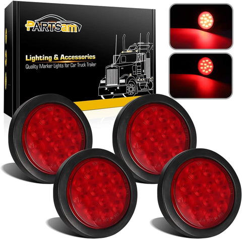 Image of Partsam 4Pcs 4 Inch Round Led Trailer Tail Lights Kit Red 12 LED Waterproof 4" Brake Stop Turn Tail Marker Trailer Lights Sealed Flush Mount for Truck RV Boat UTE UTV 12V Grommet Plug Included