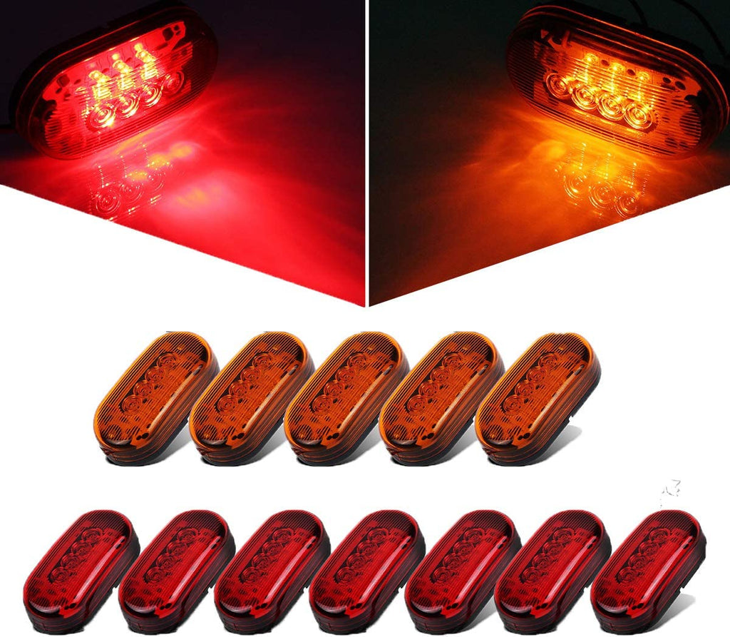 Partsam 12x 4 Inch Oblong Led Marker Lights 10 Diodes Black Base 4" Rectangular Rectangle LED Trailer Clearance and Side Marker Lights Truck Trailer RV Camper Motorhome Light Lamps 12V (5Amber+7Red)