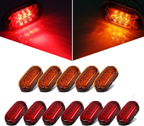 Image of Partsam 12x 4 Inch Oblong Led Marker Lights 10 Diodes Black Base 4" Rectangular Rectangle LED Trailer Clearance and Side Marker Lights Truck Trailer RV Camper Motorhome Light Lamps 12V (5Amber+7Red)