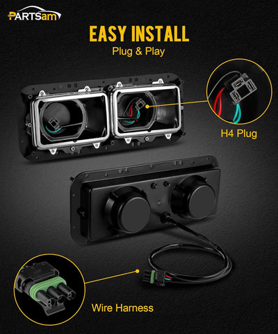 Image of PARTSam Headlight Housing Base with H4 Plugs Wire Harnesses Stainless Steel Bezel Replacement for Kenworth T600 T800 W900, Peterbilt 379, Western Star 4900, Freightliner FLD Driver & Passenger Side