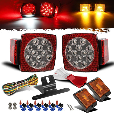 Image of Partsam 12V Waterproof Square LED Trailer Tail Light Kit Clear Lens Red Trailer Brake Stop Tail Turn Signal Running Lights License Kit for Camper Truck RV Boat Trailer Snowmobile Marine Under 80inch