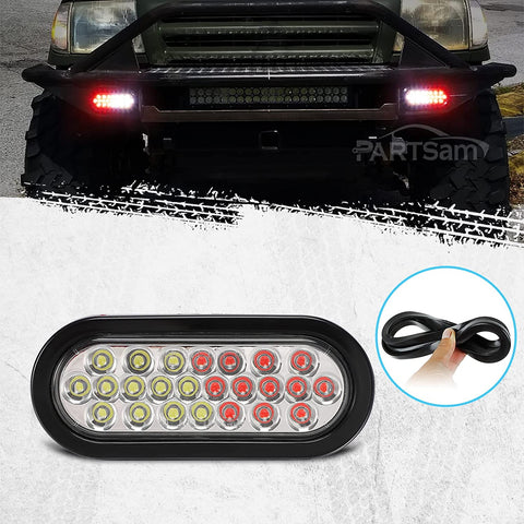 Image of Partsam 2 Pcs 6.5 Inch Oval Red/White Strobe Lights 24LED Brake Stop Lights Recessed with Quad Flash Patterns for Truck Towing Trailer Lights Rubber Grommets 3-Prong Wire Pigtails IP67 Waterproof