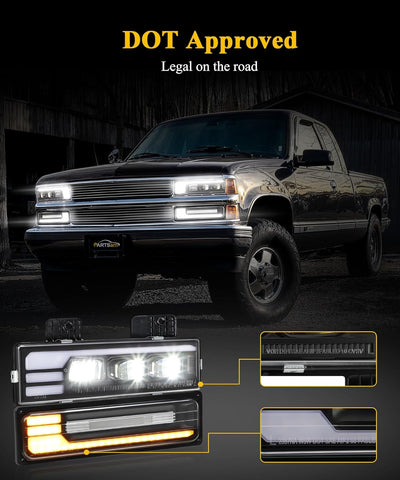 Image of Partsam LED Headlights Assembly DOT Approved with Start Animation DRL Sequential Turn Signal Hi/Low Beam Lights Replacement for OBS Truck Silverado C/K 1500/2500/3500 88-98, 6500K 12V IP67