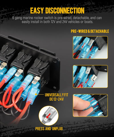 Image of Partsam 6 Gang Rocker Switch Panel Box12V-24V Aluminum Boat Marine Toggle Switch with USB and Type C Charger Voltmeter w/Fuses Waterproof Gasket for Car Pickup RV Van SUV UVT ATV