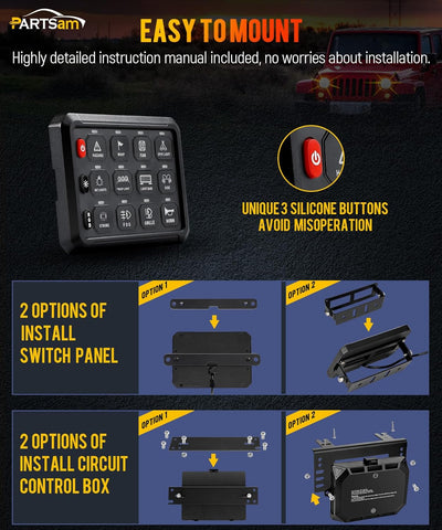 Image of Partsam 5.5 Inch RGB 12 Gang Switch Panel, 3 Silicone Button 5 Brightness Levels Multifunction Toggle Switch Button Auxiliary Circuit Control Box Electronic Relay for Truck RV ATV UTV Boat