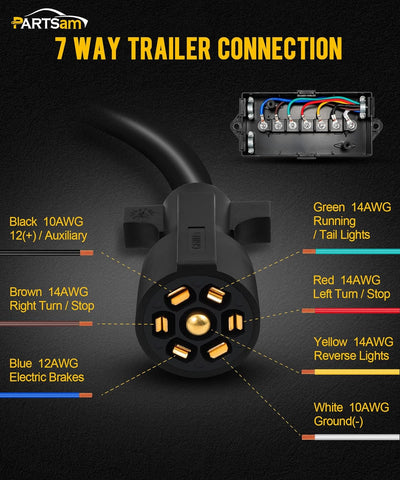 Image of Partsam Heavy Duty 7 Way Plug Inline Trailer Cord with 7 Gang Junction Box Weatherproof 8 Feet Trailer Connector Cable Wiring Harness