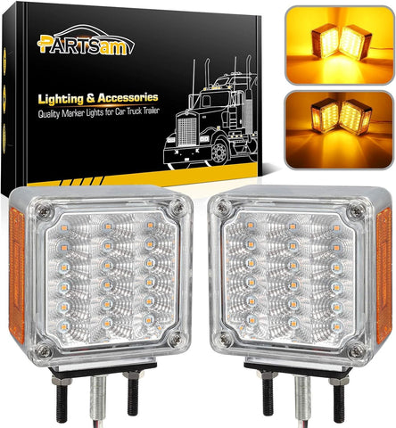Image of Partsam 2Pcs Square Double Face Led Turn Signal Lights Parking Lights Clear Lens - Amber/Amber 39 Square LED Pedestal Fender Stud Mount Dual Face Led Lights for Trucks Trailers