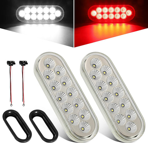 Image of Partsam 2Pcs 6.7 Inch Oval Red Stop Turn Tail Lights and White Backup Lights Kit 12 Diodes w/Rubber Grommets & 3-Prong Wire Pigtails, Red/White Oval Led Truck Trailer Tail Lights and Reverse Lights
