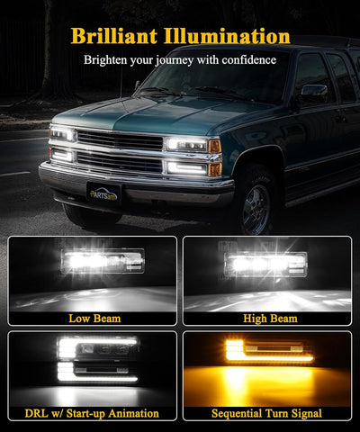 Image of Partsam LED Headlights Assembly DOT Approved with Start Animation DRL Sequential Turn Signal Hi/Low Beam Lights Replacement for OBS Truck Silverado C/K 1500/2500/3500 88-98, 6500K 12V IP67