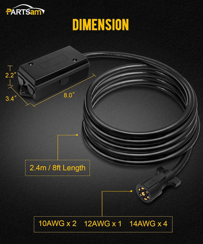 Image of Partsam Heavy Duty 7 Way Plug Inline Trailer Cord with 7 Gang Junction Box Weatherproof 8 Feet Trailer Connector Cable Wiring Harness