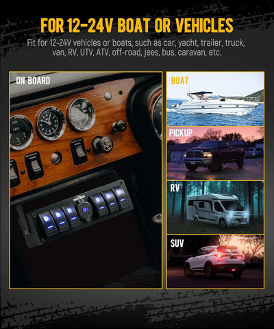 Image of Partsam 6 Gang Rocker Switch Panel Box12V-24V Aluminum Boat Marine Toggle Switch with USB and Type C Charger Voltmeter w/Fuses Waterproof Gasket for Car Pickup RV Van SUV UVT ATV