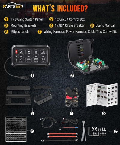 Image of Partsam 5.5 Inch RGB 8 Gang Switch Panel, 3 Silicone Button 5 Brightness Levels Multifunction Toggle Switch Button Auxiliary Circuit Control Box Electronic Relay for Truck RV ATV UTV Boat