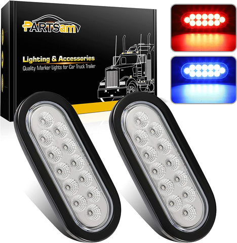 Image of Partsam 2Pcs 6.7 Inch Oval Red Stop Turn Tail Lights and Blue Auxiliary Lights Kit 12 Diodes w/Rubber Grommets & 3-Prong Wire Pigtails Red/Blue Oval Led Truck Trailer Tail Lights and Auxiliary Lights