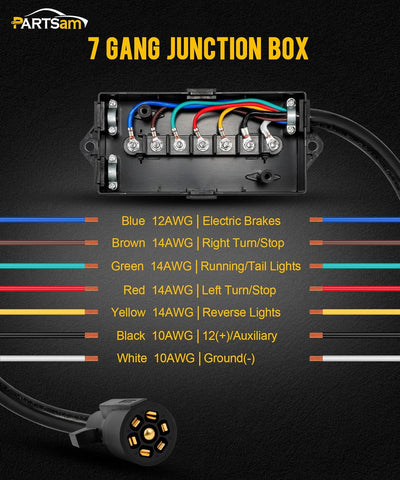 Image of Partsam Heavy Duty 7 Way Plug Inline Trailer Cord with 7 Gang Junction Box Weatherproof 8 Feet Trailer Connector Cable Wiring Harness