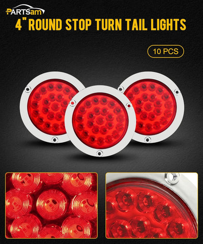 Image of Partsam 10x 4 Round Led Trailer Tail Lights Red 24LEDs Flange Mount Sealed Chrome LED Stop Turn Tail Lights Marker Clearance Brake Running Taillights Hardwired Waterproof for RV Trucks 12V DC