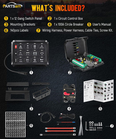 Image of Partsam 5.5 Inch RGB 12 Gang Switch Panel, 3 Silicone Button 5 Brightness Levels Multifunction Toggle Switch Button Auxiliary Circuit Control Box Electronic Relay for Truck RV ATV UTV Boat