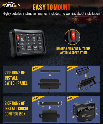 Image of Partsam 5.5 Inch RGB 8 Gang Switch Panel, 3 Silicone Button 5 Brightness Levels Multifunction Toggle Switch Button Auxiliary Circuit Control Box Electronic Relay for Truck RV ATV UTV Boat