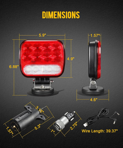 Image of Partsam LED Magnetic Towing Tail Light Wireless LED Trailer Light Kit Universal Stop Turn Running Backup Reverse Light Red+Clear Lens w/ 7-Pin Plug Dual USB Cable Charger for Trucks Trailers 12-24V