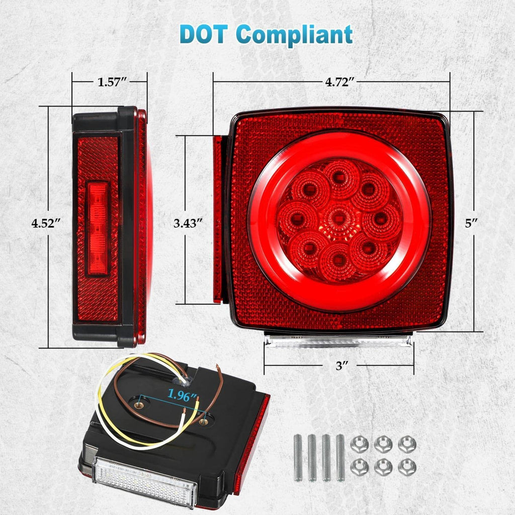 Partsam Pair Slim Square LED Trailer Light Kit Halo Glow Submersible Tail Lights 72LEDs 2835 SMD Stop Turn Signal Lamps for Under 80" Boat Trailer RV Camper Marine Snowmobile 12V IP67 DOT Compliant