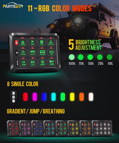 Image of Partsam 5.5 Inch RGB 12 Gang Switch Panel, 3 Silicone Button 5 Brightness Levels Multifunction Toggle Switch Button Auxiliary Circuit Control Box Electronic Relay for Truck RV ATV UTV Boat