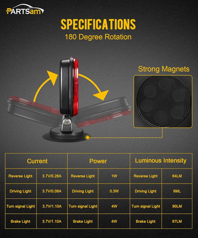 Image of Partsam LED Magnetic Towing Tail Light Wireless LED Trailer Light Kit Universal Stop Turn Running Backup Reverse Light Red+Clear Lens w/ 7-Pin Plug Dual USB Cable Charger for Trucks Trailers 12-24V