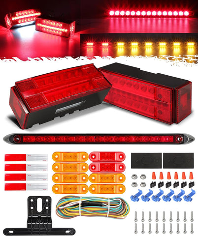 Image of Partsam Submersible LED Trailer Tail Light Kit, Rectangular Trailer Lights+Light Bar+8 Markers, with 25FT Wiring Harness Reflective Stickers Combined Stop Turn Tail License Lights for Boat Trailer 12V