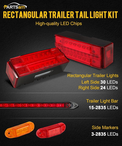 Image of Partsam Submersible LED Trailer Tail Light Kit, Rectangular Trailer Lights+Light Bar+8 Markers, with 25FT Wiring Harness Reflective Stickers Combined Stop Turn Tail License Lights for Boat Trailer 12V