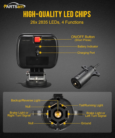 Image of Partsam LED Magnetic Towing Tail Light Wireless LED Trailer Light Kit Universal Stop Turn Running Backup Reverse Light Red+Clear Lens w/ 7-Pin Plug Dual USB Cable Charger for Trucks Trailers 12-24V