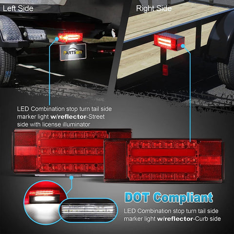 Image of Partsam Low Profile Rectangle LED Combination Trailer Tail Lights Submersible Halo Glow for RV Marine Boat Trailer Stop Brake Tail Turn License Plate Lights 12V DC w/Reflective Stickers DOT Compliant