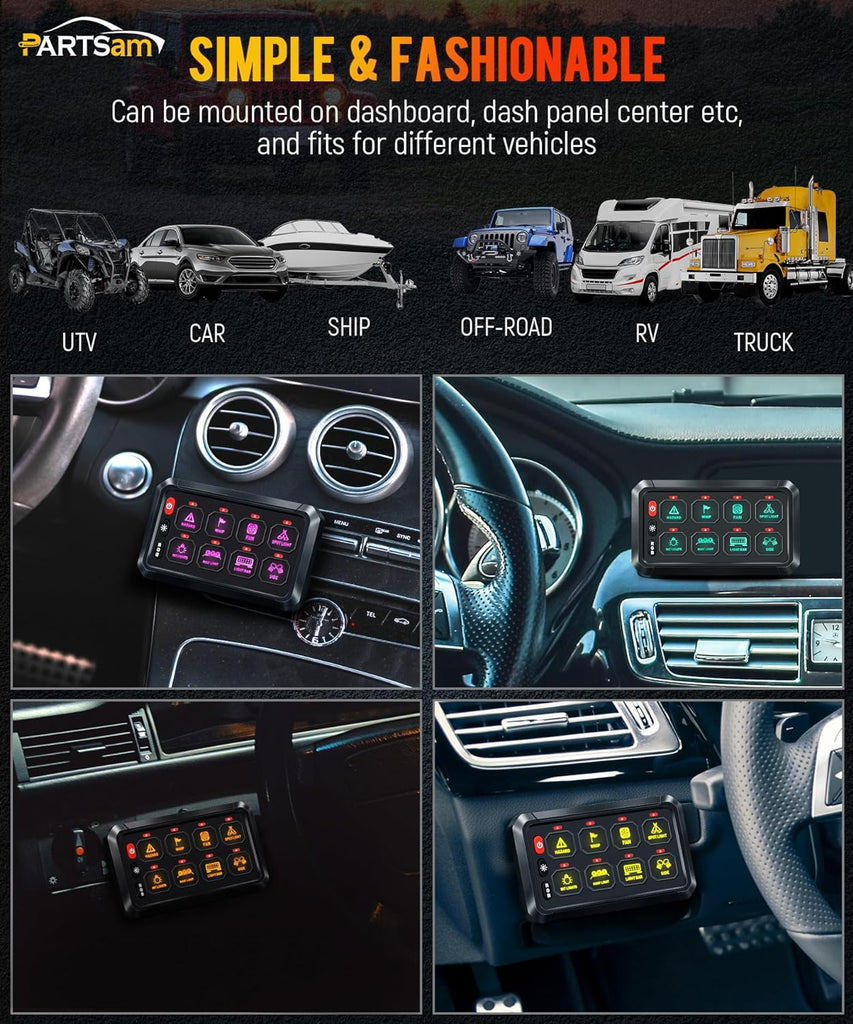 Partsam 5.5 Inch RGB 8 Gang Switch Panel, 3 Silicone Button 5 Brightness Levels Multifunction Toggle Switch Button Auxiliary Circuit Control Box Electronic Relay for Truck RV ATV UTV Boat