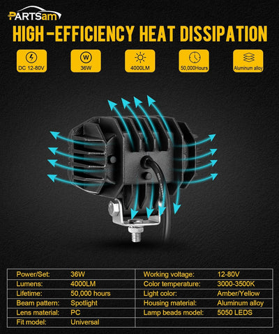 Image of Partsam 4 Inch 40W Amber Fog Lights, Amber LED Pods Super Bright with Yellow Spot Beam Waterproof Off Road Amber Ditch Lights Fit for Truck Pickup Ram Motorcycle SUV ATV UTV