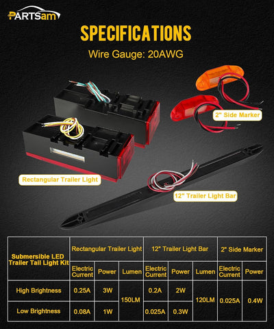 Image of Partsam Submersible LED Trailer Tail Light Kit, Rectangular Trailer Lights+Light Bar+8 Markers, with 25FT Wiring Harness Reflective Stickers Combined Stop Turn Tail License Lights for Boat Trailer 12V