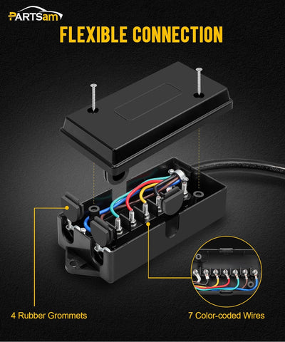 Image of Partsam Heavy Duty 7 Way Plug Inline Trailer Cord with 7 Gang Junction Box Weatherproof 8 Feet Trailer Connector Cable Wiring Harness