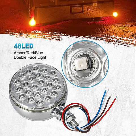 Image of Partsam 2x 4 Dual Revolution Amber/Red/Green Round Double Face 48 Diode Marker/Turn Signal and Auxiliary Led Pedestal Light with Chrome Housing Sealed Replacement for Kenworth/Peterbilt/Freightliner