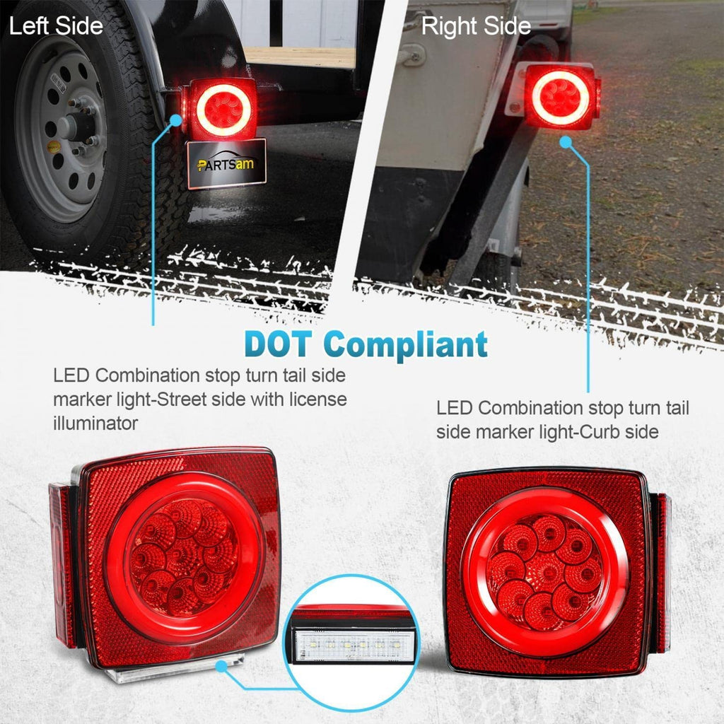 Partsam Pair Slim Square LED Trailer Light Kit Halo Glow Submersible Tail Lights 72LEDs 2835 SMD Stop Turn Signal Lamps for Under 80" Boat Trailer RV Camper Marine Snowmobile 12V IP67 DOT Compliant