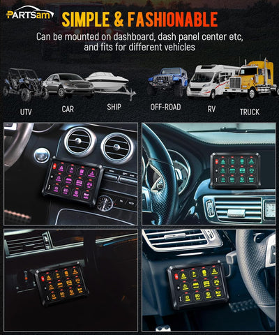 Image of Partsam 5.5 Inch RGB 12 Gang Switch Panel, 3 Silicone Button 5 Brightness Levels Multifunction Toggle Switch Button Auxiliary Circuit Control Box Electronic Relay for Truck RV ATV UTV Boat