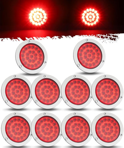 Image of Partsam 10x 4 Round Led Trailer Tail Lights Red 24LEDs Flange Mount Sealed Chrome LED Stop Turn Tail Lights Marker Clearance Brake Running Taillights Hardwired Waterproof for RV Trucks 12V DC