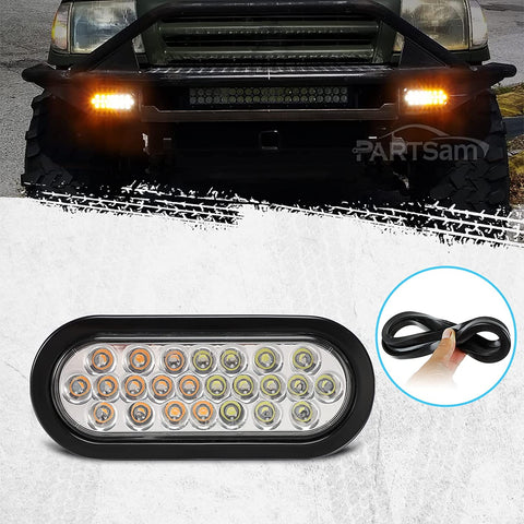 Image of Partsam 2 Pcs 6.5 Inch Oval Amber/White Strobe Lights 24LED Recessed with With Quad Flash Patterns for Truck Towing Trailer Lights Lamps, Rubber Grommets and 3-prong Wire Pigtails Included, 10V-30V