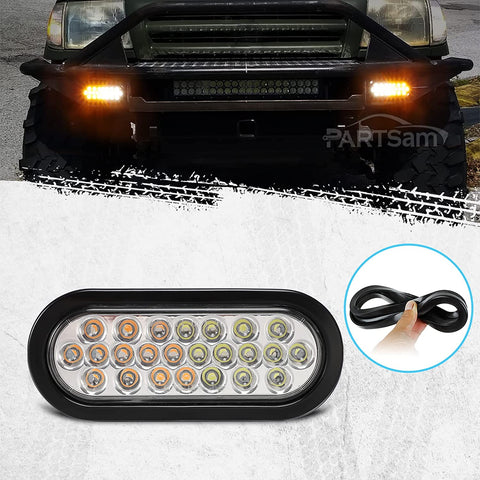 Image of Partsam 2 Pcs 6.5 Inch Oval Amber/White Strobe Lights 24LED Recessed with With Quad Flash Patterns for Truck Towing Trailer Lights Lamps, Rubber Grommets and 3-prong Wire Pigtails Included, 10V-30V