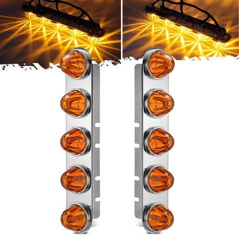 Image of Partsam 1 Pair Radius Style 21.5" Front Air Cleaner Light Bar with 5Pcs Glass Watermelon Lights, Stainless Steel Bracket, Amber Lens, Compatible with Peterbilt Kenworth Freightliner